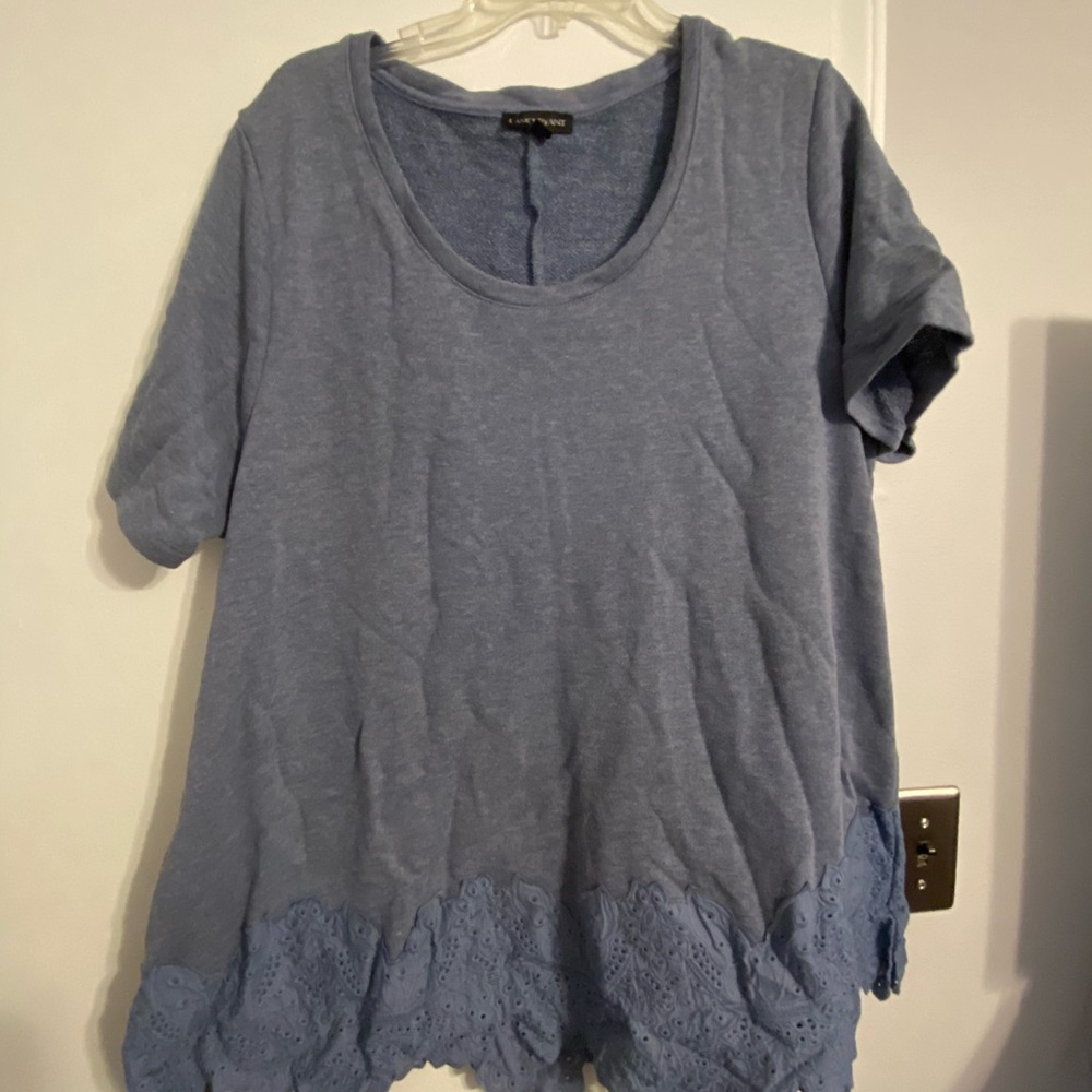 French terry knit Lane Bryant top with lace hem